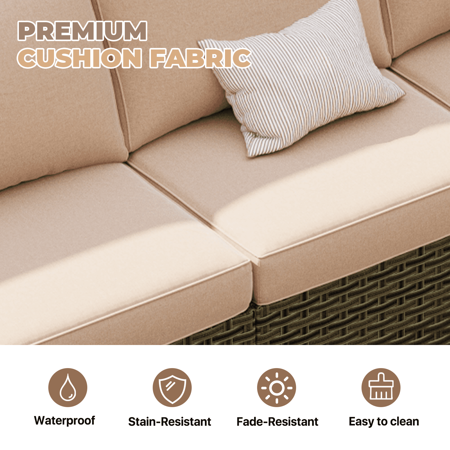 BaPiPro 9-Piece Outdoor Rattan Modular Patio Sofa Set with Thick Beige Cushions, Multi-Use Ottoman and Easy-Clean Coffee Table for Garden and Patio Leisure Use
