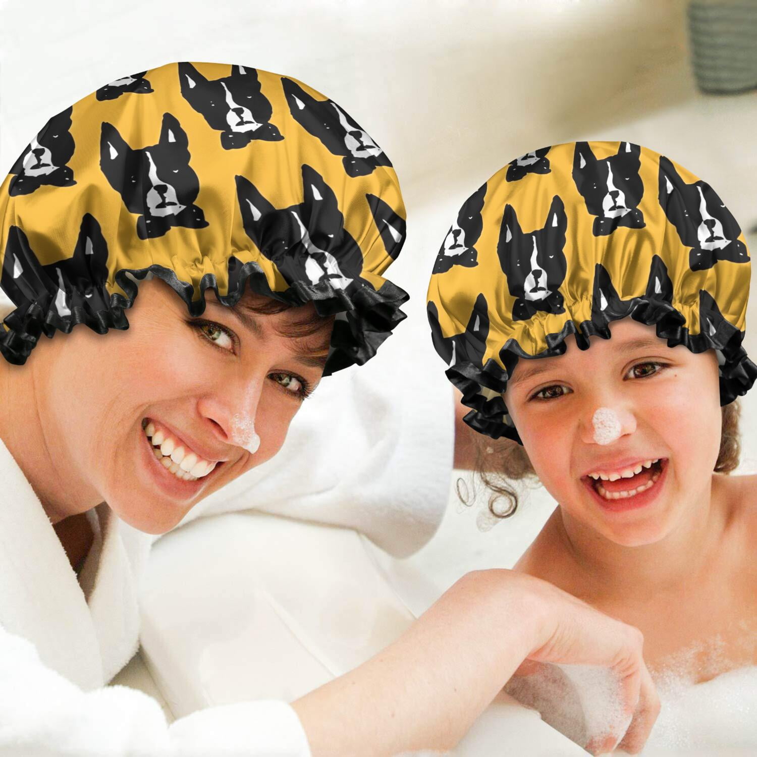 Shower Caps,Boston Terrier Waterproof Shower Cap for Women 4 Pieces,Double Reusable Hair Cover for Shower PEVA Elastic Stretch Hem