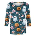thumbnail image 5 of Sriper Halloween Ghost Solid Color Crew Neck 3/4 Sleeve Tops Floral Half Sleeve Accents Loose Fit Plus Size T-Shirts Vintage Graphic Tee Styles Blue 3X, 5 of 5