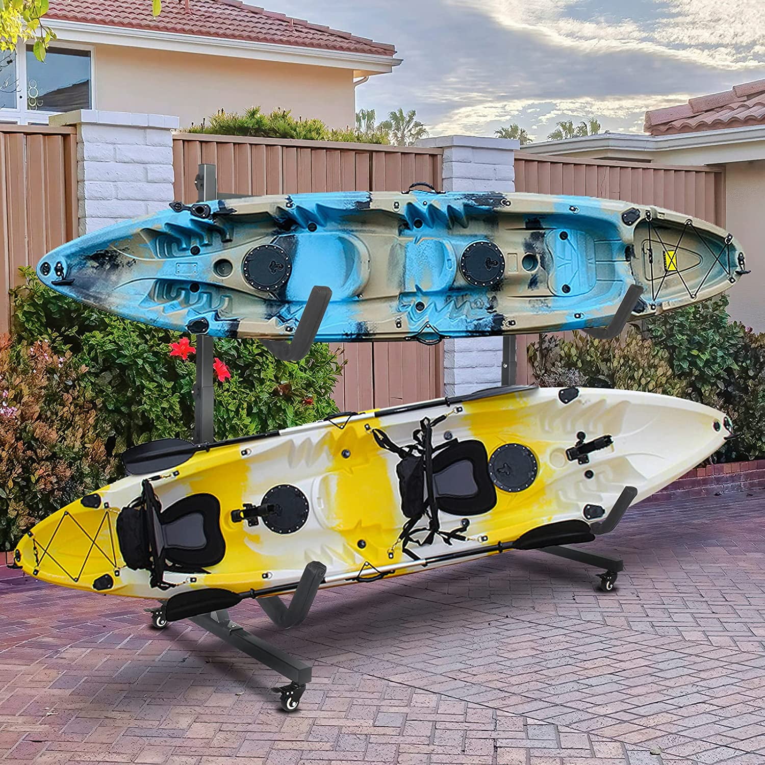 HJTER Kayak Stand Freestanding Storage Rack for Kayak Canoe Boat Paddle Board SUP Surfboard for Indoor Outdoor Garage, Shed, Dock with Lockable Wheels Wide Adjustable
