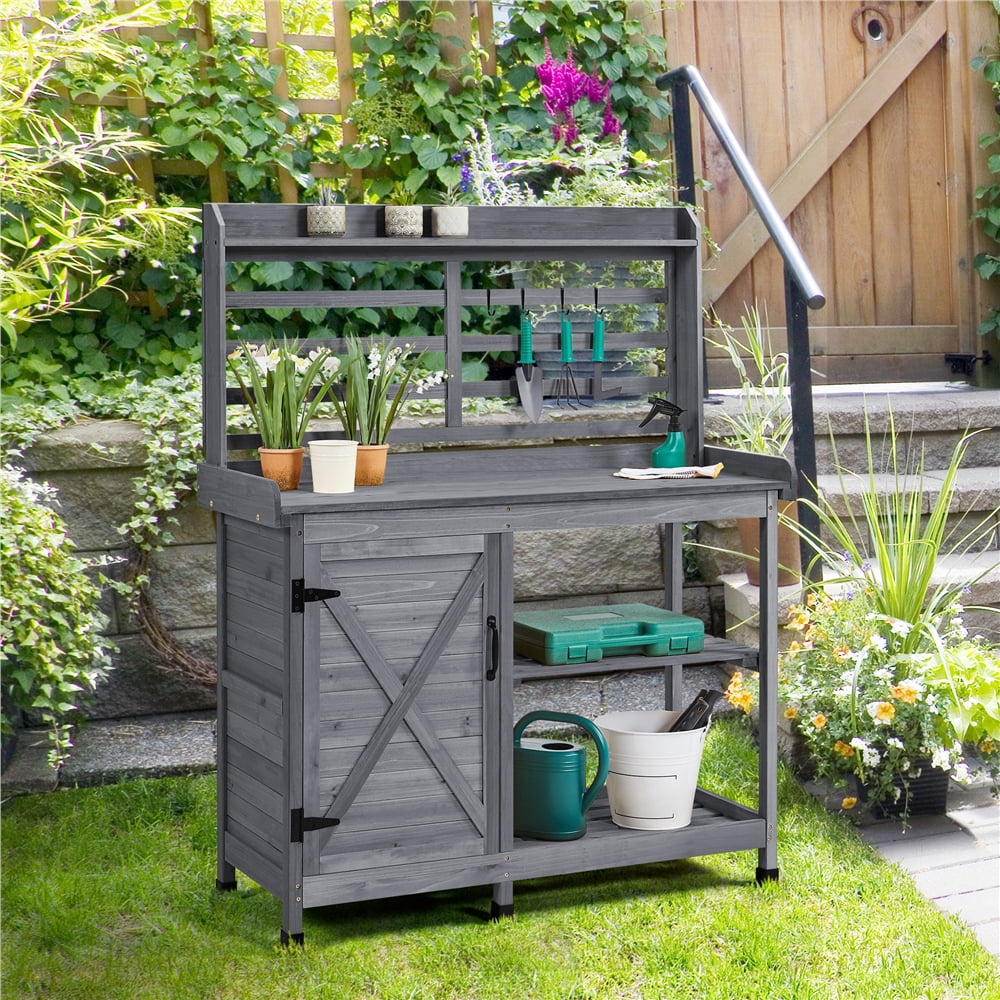 Renwick 4-layer Garden Work Bench with Cabinet & Open Shelf, Gray