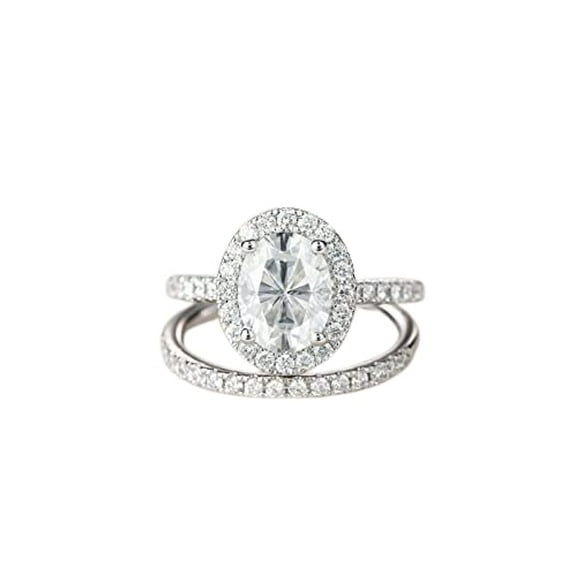 HeartsAndYou Halo Bridal Set Engagement Ring for Women 2.3ct Oval Cut Moissanite 18k White Gold Over Silver