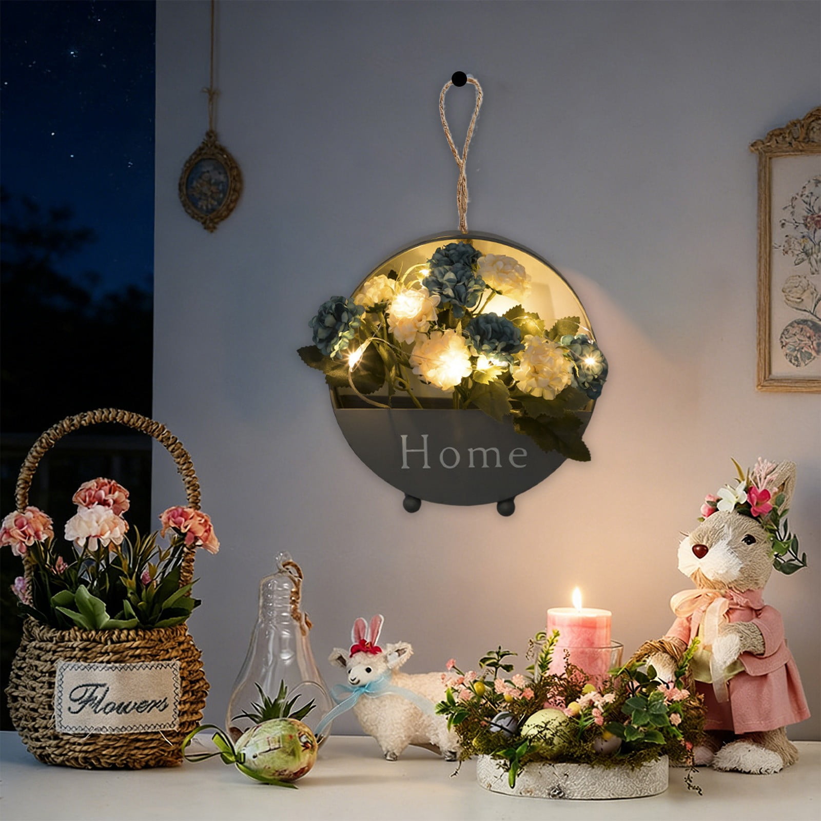 Artificial Flower Wall Decor with LED Lights Metal Hanging Planter with Home Sign Wall Art for Bathroom Bedroom Living Room Kitchen