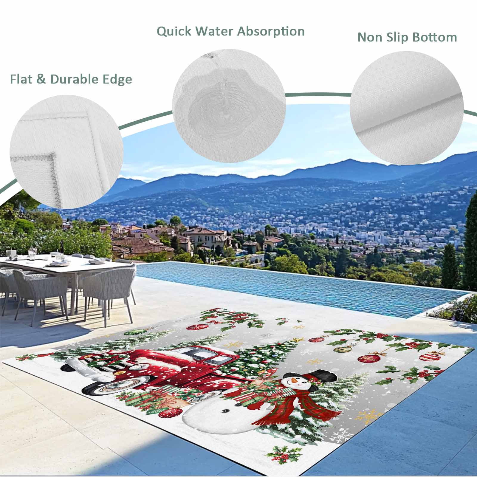 Fsddascl Grey Christmas Outdoor Rug for Patio/Deck/Porch, Non-Slip Large Area Rug 4 x 6 Ft, Xmas Snowman Truck Snowflake Tree Balls Indoor Outdoor Rugs Washable Area Rugs, Camping Rug Carpet Runner