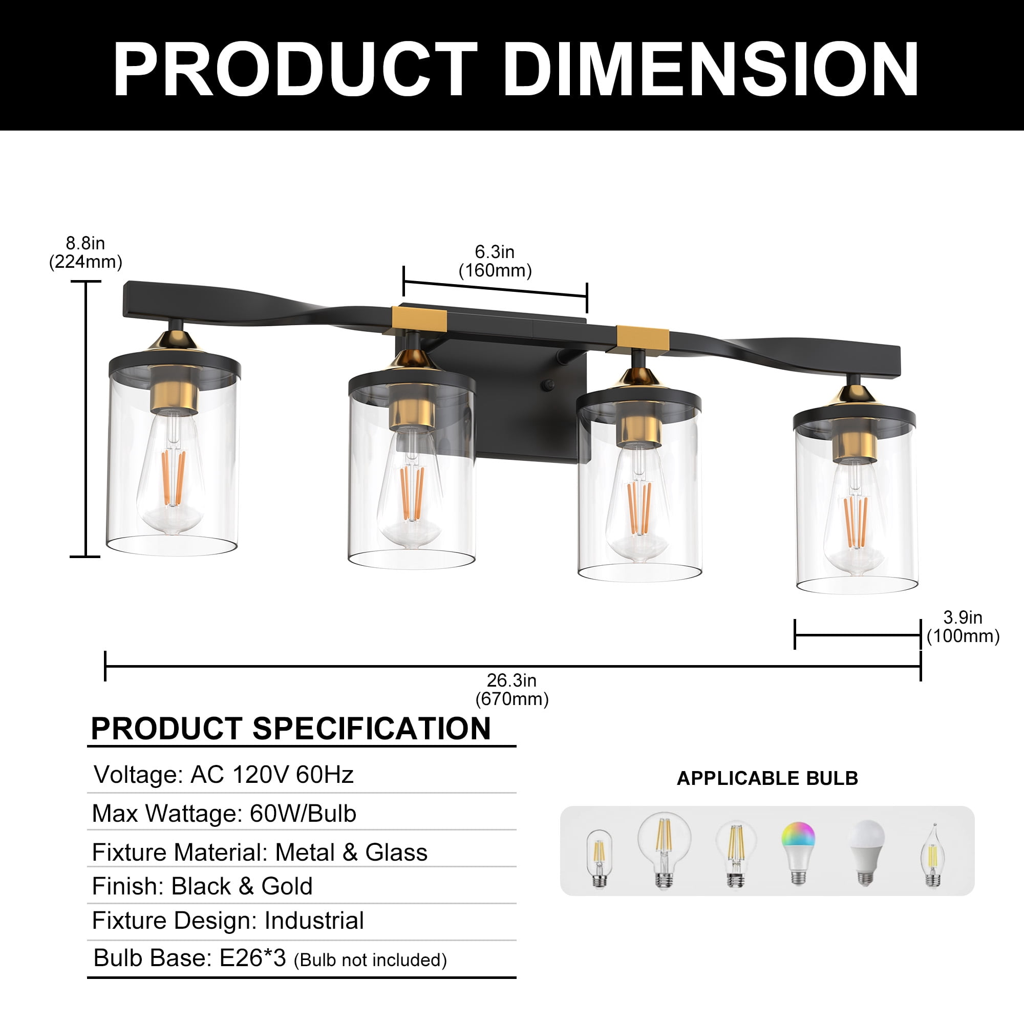 YANSUN 26.3 in 4 Light Black and Gold Vanity Light with Clear Glass Shades for Bathroom Living Room Bedroom Hallway