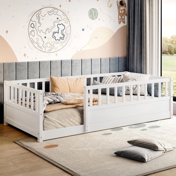 WGYPRIME 78.19"L Twin Size Floor Bed, Montessori Bed Frame with Super High Security Barrier & Door, Children's Floor Bed Frame