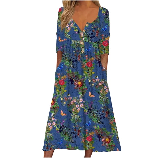 Robes pour Femmes 2024 Été Surdimensionnée Décontractée Imprimée Robe à Manches Courtes Robe à Manches Courtes Col Rond Robe Longueur Cheville Rabais de 50 % Liquidation!