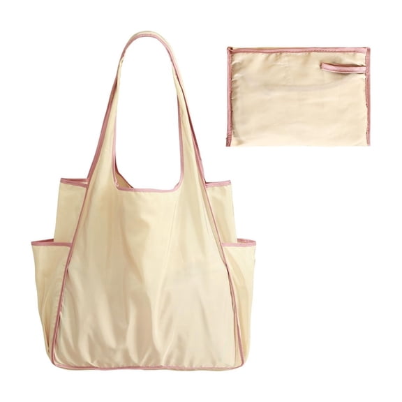 Color Block Large Capacity Folding Shopping Bag, Waterproof Polyester Shoulder Tote with Side Cup Holder, Portable Storage Bag for Grocery, Travel, Daily Use