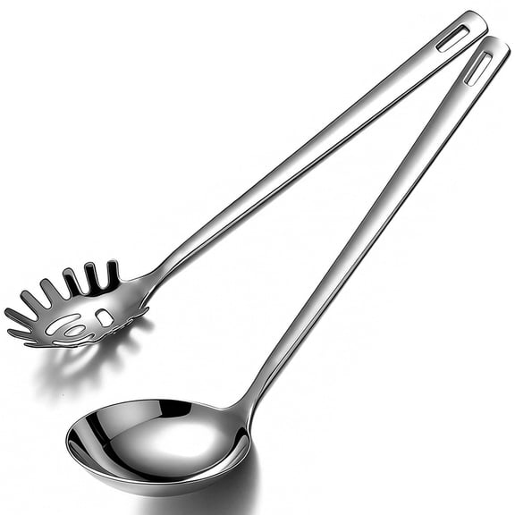ReaNea Stainless Steel Soup Ladle , Spaghetti Spoon Set of 2, Pasta Spoon for Noodles & Pasta, Ladle for Straining , Cooking, Frying, Metal Kitchen Utensils Pasta Spoon