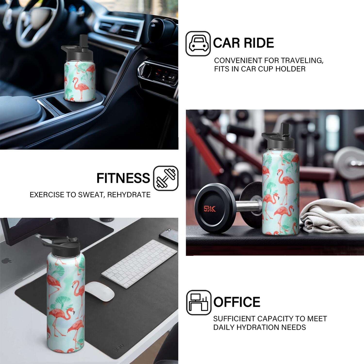 32oz Insulated Stainless Steel Sports Flamingo Themed Water Bottle Flamingo Themed Design Wide Mouth Handle Lid Double Walled Leak Proof Keeps Cold 24H Hot 12H