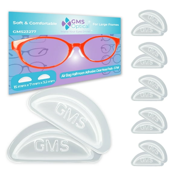 GMS Optical 3.2mm Extra-Thick / 15mm Medium-Length - Silicone Adhesive Halfmoon Air Bag Cushion Anti-Slip Nose Pads for Glasses, Eyeglasses, Sunglasses (5 Pair) (Clear)