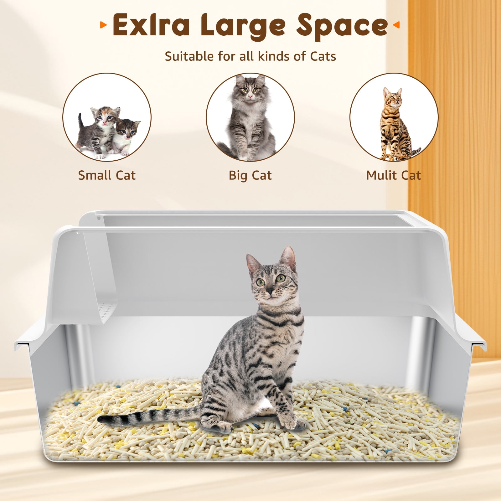 Stainless Steel Litter Box with Large Litter Mat, 23.6" High-Sided Metal Litter Pan for Multi Cats Tray with Scoop Non-Stick, Leak-Proof, Easy to Clean
