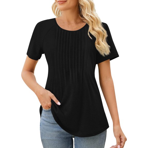 NEFIYLUXP Women's Summer Pleated Short Sleeve T-Shirt, Summer O-Neck Solid Color Casual Tops for Women