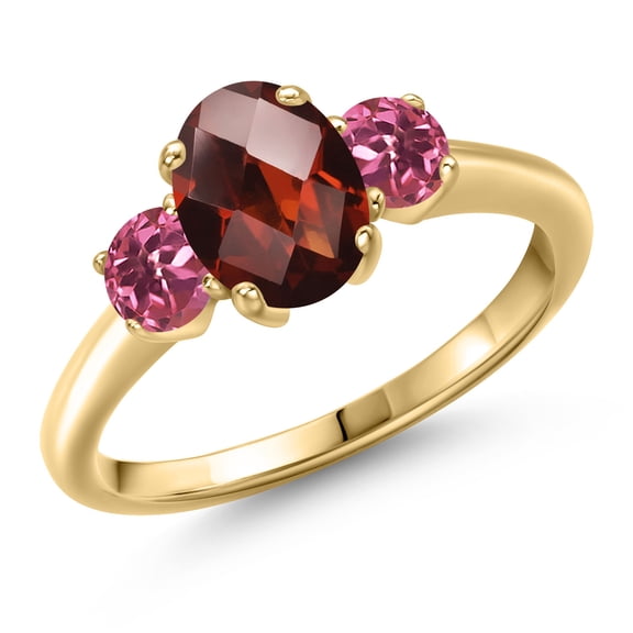 Gem Stone King 10K Yellow Gold Red Garnet and Pink Tourmaline Engagement Ring for Women | 2.03 Cttw | Oval Checkerboard 8X6MM | Gemstone January Birthstone | Size 5