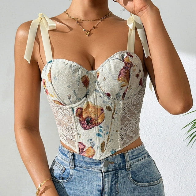 Justaucorps Élégants pour Femmes à Imprimé Floral avec Bretelles en Dentelle, Corset Ajustable pour Toutes Occasions, Confort, Ajustement et Design Polyvalent