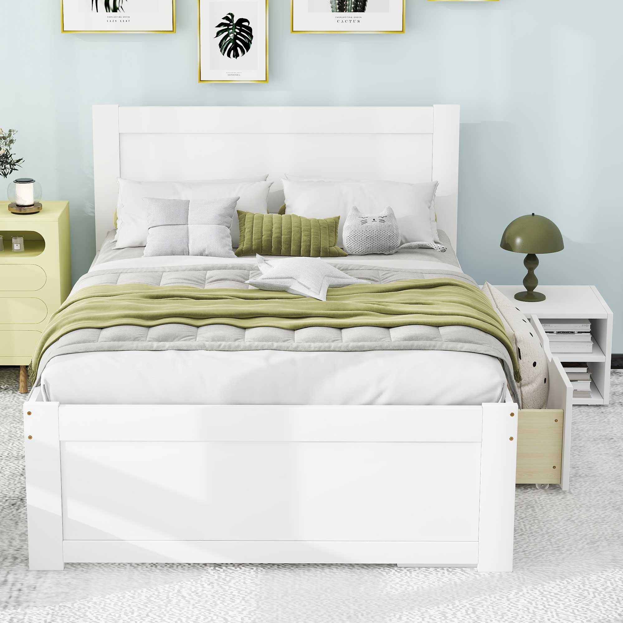 Yoneston Twin Platform Bed with Wheeled Drawer and Two Shelves, Kids Extra Easy-access Large Storage Space Bed Frame, White