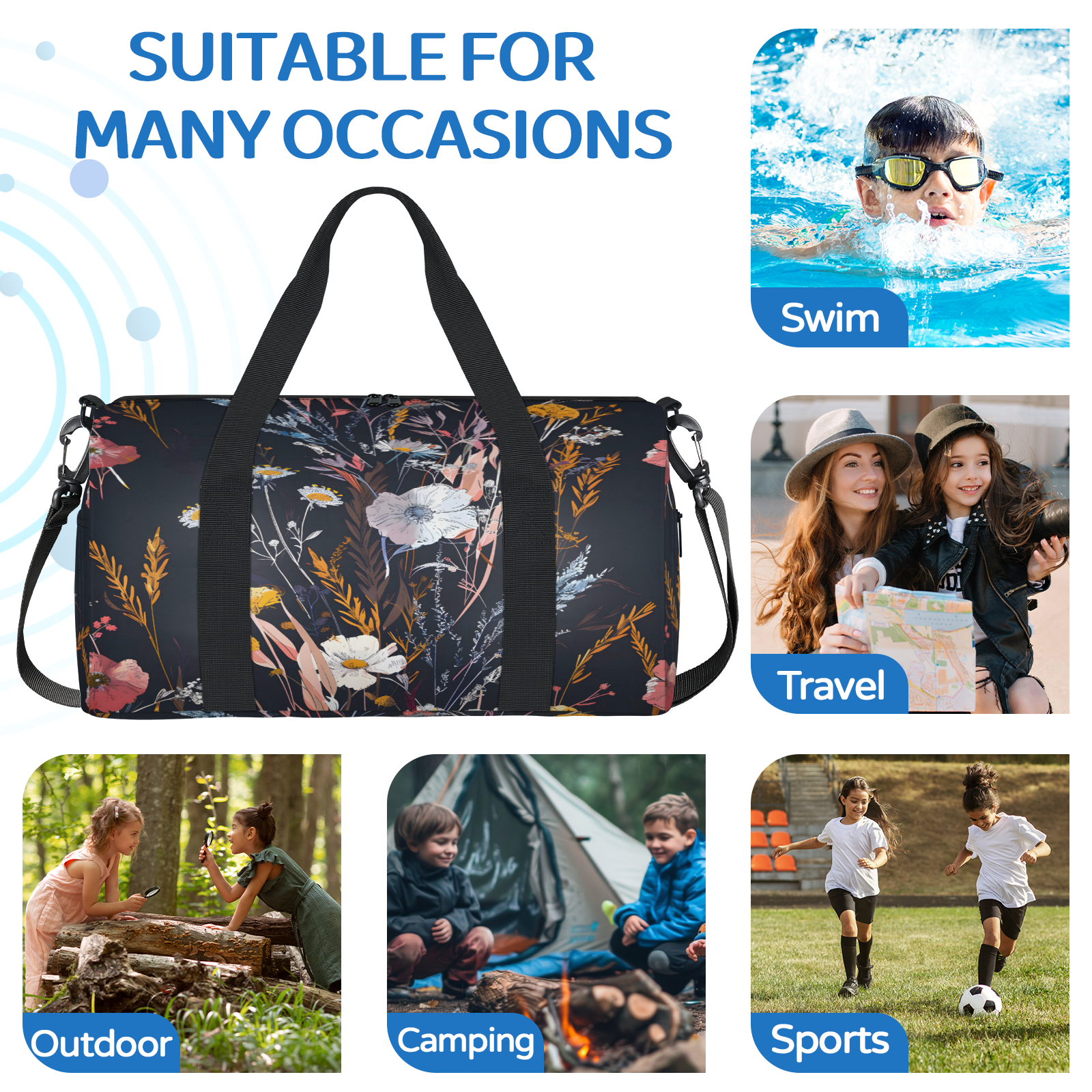 Herdesigns Wildflowers Plant Flower Floral Gym Bag for Women, Duffle Bag for Travel Sport, Lightweight Waterproof Carry on Weekender Overnight Dance Yoga Workout Bags