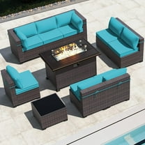 ASJMR 10 Pieces Outdoor Patio Furniture Set with Fire Pit Table,All-Weather Rattan Wicker Conversation Outside Sectional Sofa Chair Sets with Coffee Table and Green Cushions