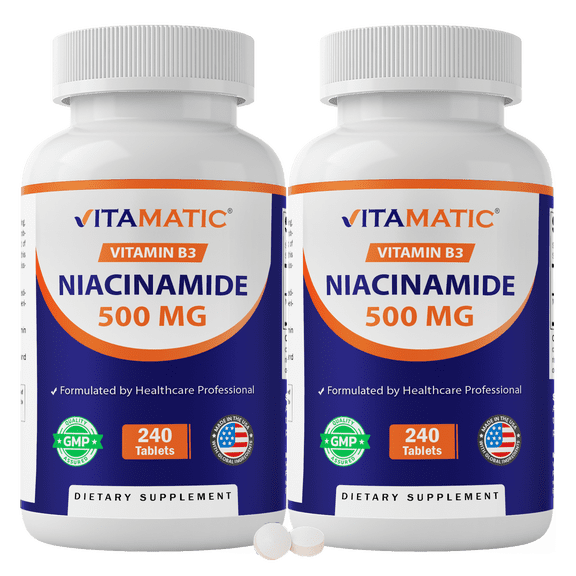 Vitamatic Niacinamide 500 mg 240 Tablets - Flush Free Vitamin B3 - Supports Energy Production- 2 Pack