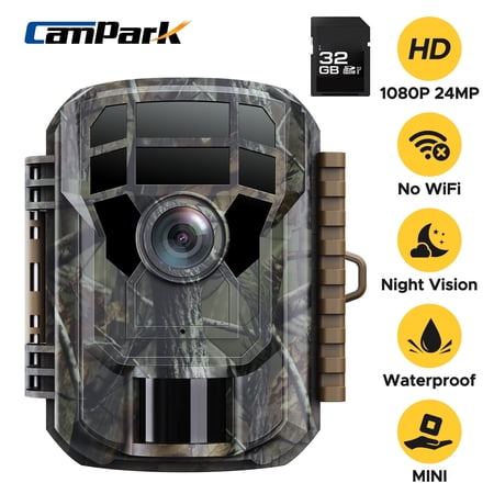 CAMPARK Trail Camera 24MP 1080P Game Camera with 32GB SD Card Hunting Deer Camera with Infrared Night Vision Waterproof Motion Activated Trail Cam for Wildlife Monitoring