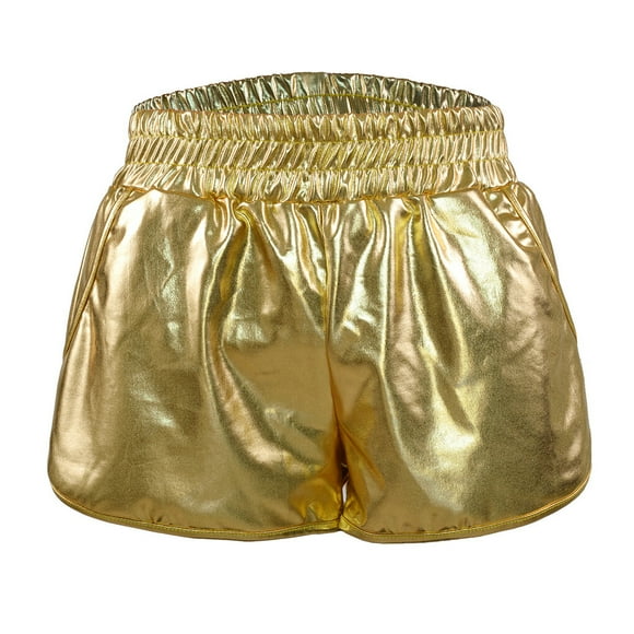 Women Metallic Shorts Elastic Waist Shiny PU Hot Comfortable Sexy Loose Pants Booty Trousers with Pockets Loose Short Costume for Party Club Ball Gold M