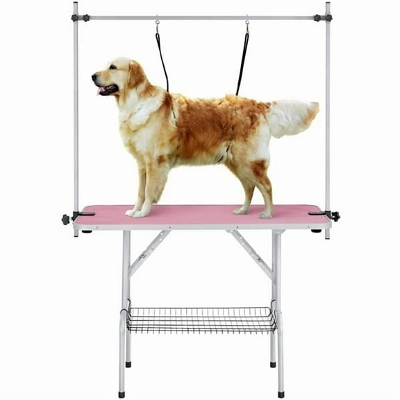 RTRWDC Pink Pet Grooming Table - Foldable with H-Shaped Stand & Mesh Tray, Max Height 69.7", 264.6lb Capacity, Non-Slip & Scratch-Resistant for Pet Bathing/Grooming/Care
