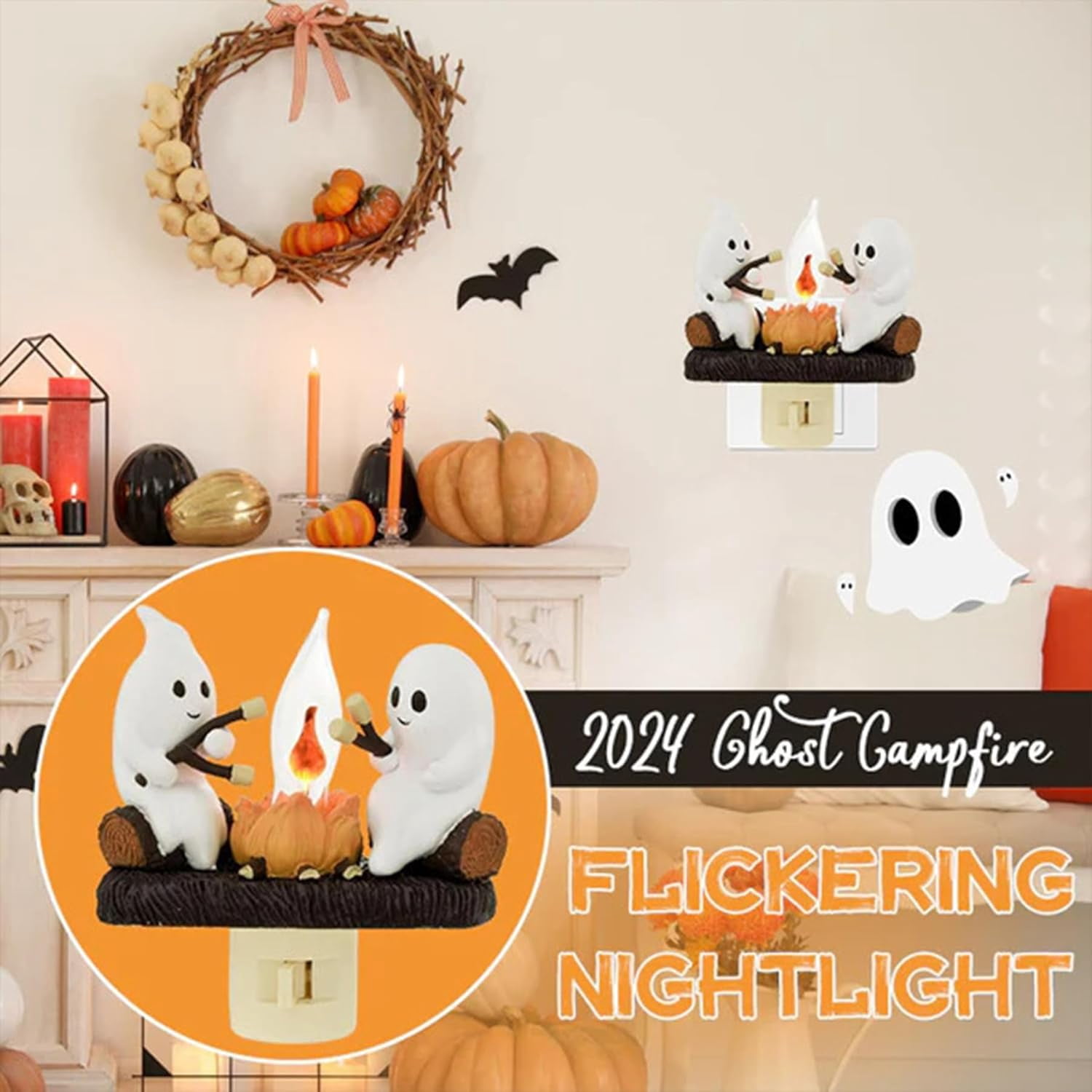 2024 Ghost Campfire Flickering Nightlight, Halloween Night Lights Plug into Wall, 3D Spooky Fire Marshmallow Night Light, Ghost Pumpkin Night Light Dusk Funny Halloween Room Decorations (A-1PC)