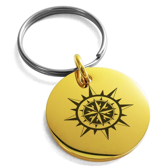 Stainless Steel Nautical Concentric Compass Engraved Small Medallion Circle Charm Keychain Keyring