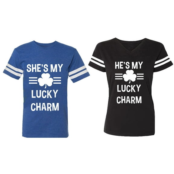 He She is My Lucky Charm Matching Couple Cotton Jerseys (Men Royal / Women Black) (Men S / Women S)