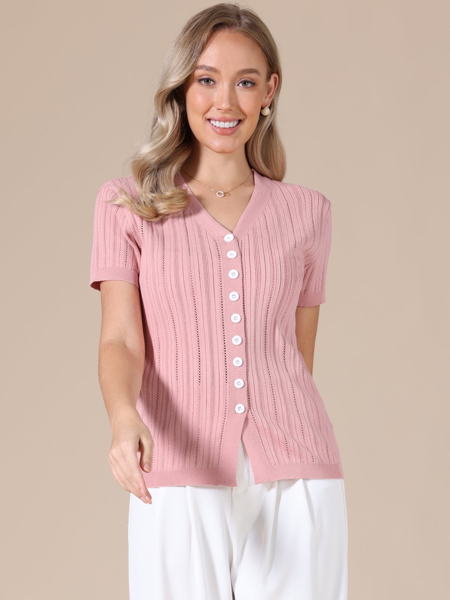 DARING DIVA Women's Eyelet Tops V Neck Short Sleeve Knit Button Down Shirts L Pink