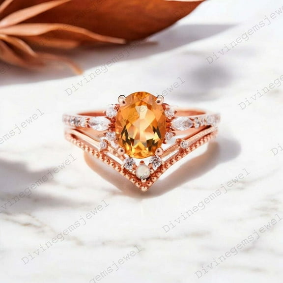 Citrine Engagement Cluster Ring Set Promise Curved Band Set Diamond Halo Wedding Engraved Jewelry Proposal Gift