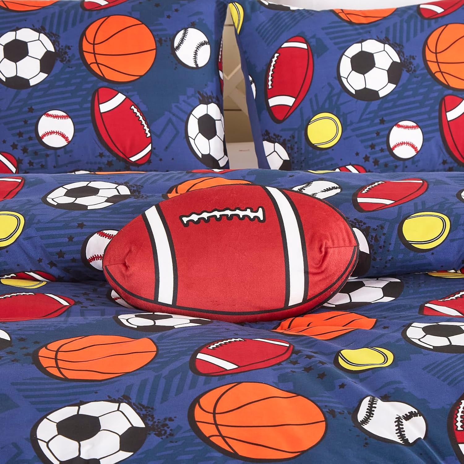 Chezmoi Collection 3-Piece Kids Sports Balls Bedding Comforter Set Twin Size - Soft Microfiber Navy Blue Gray Orange White Printed Football Soccer Basketball Baseball Tennis Sports