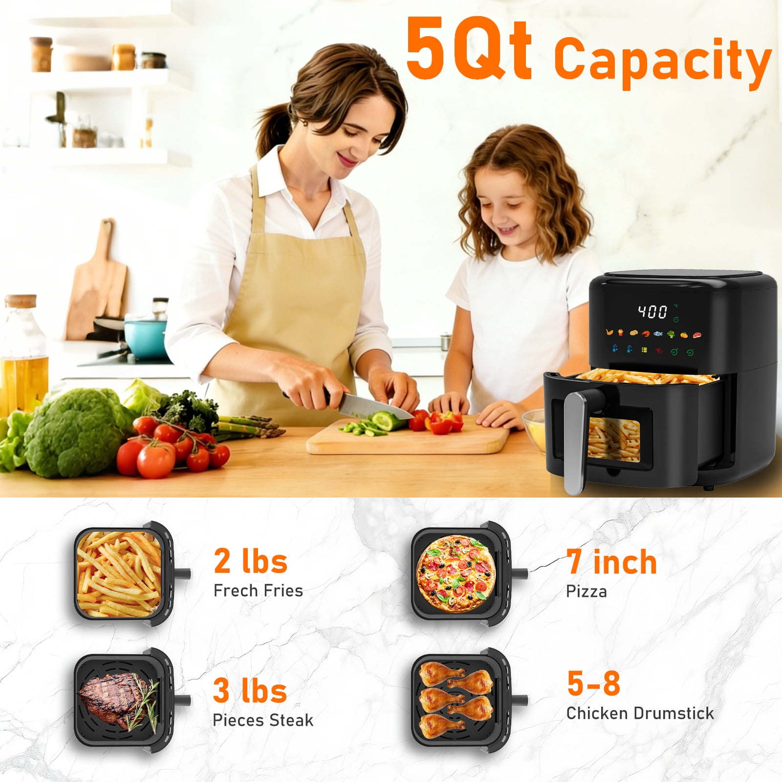 Vaparinckl 5QT Air Fryer, 8-in-1 Electric Hot Oven with Digital Touch Control, Visible Window, Nonstick & Dishwasher Safe Basket, Black