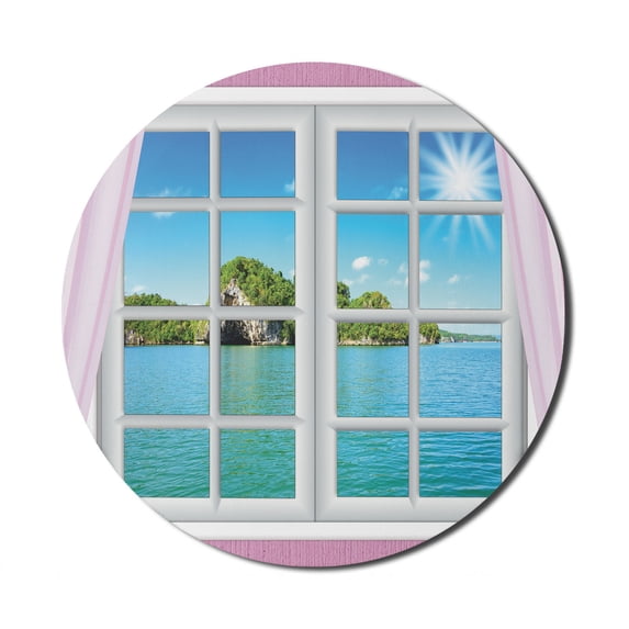 Ocean Mouse Pad for Computers, Ocean View from the Window on Island in Sunny Summer Day Peaceful Relaxation Resting, Round Non-Slip Thick Rubber Modern Mousepad, 8" Round, Pink Blue, by Ambesonne