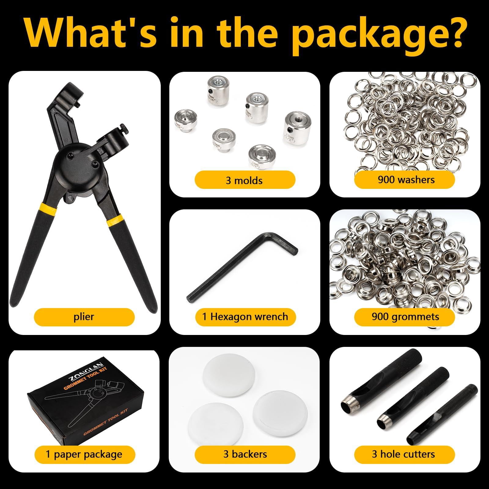 Heavy Duty Grommet Tool Kit Of 1/2" 5/16" And 3/8" Multi Size Handheld Eyelet Plier Rivet Press With 900 Grommets For Tarp Leather Fabric