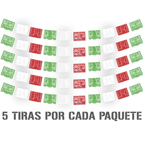 Papel picado Fiestas Patrias | Guirnaldas | enramado | 5 tiras de 5 metros | diseño de Heroes de La Independencia | plastico picado patrio | colores verde, blanco y rojo