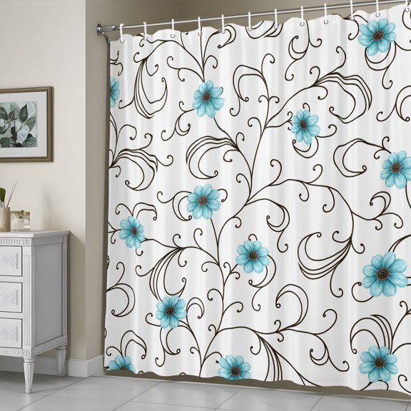 Shower Curtain,Summer Blue Flower Leaf Waterproof Fabric Bath Curtains with Hooks Watercolor Blossom Floral Vine Washable Bathroom Shower Curtains for Home Hotel Decor,72x72 Inch
