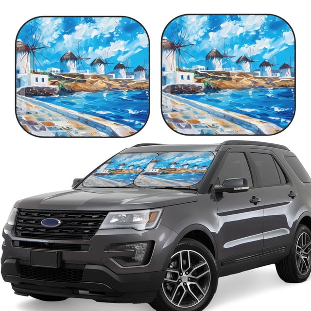 Fotbe Greek Island Windmills Painting 2-Piece Car Windshield Sun Shade | Sun Blocker for Car Windshield | Foldable Automotive Interior Accessories for Sun Protection-Large
