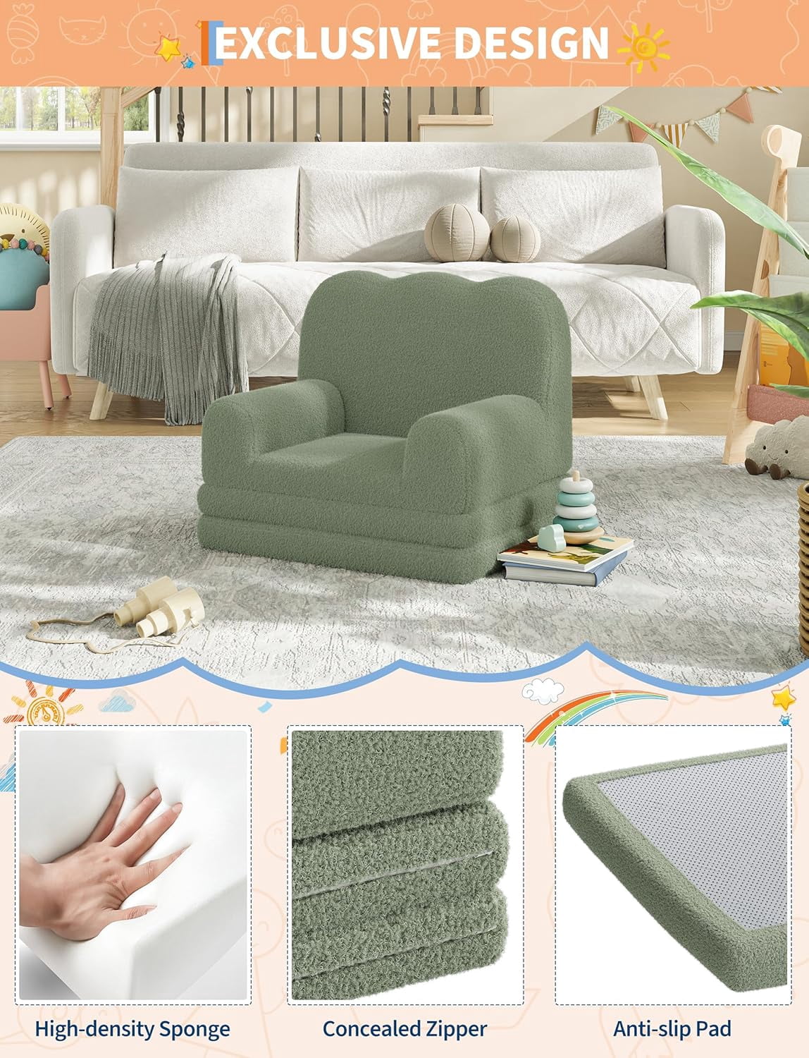 Kids Couch 2-in-1 Convertible Teddy Fleece Fabric Toddler Sofa Chair Soft Fold Out Lounger for Kids  Children's Sofa Bed for Playroom Nursery Birthday Gift Green