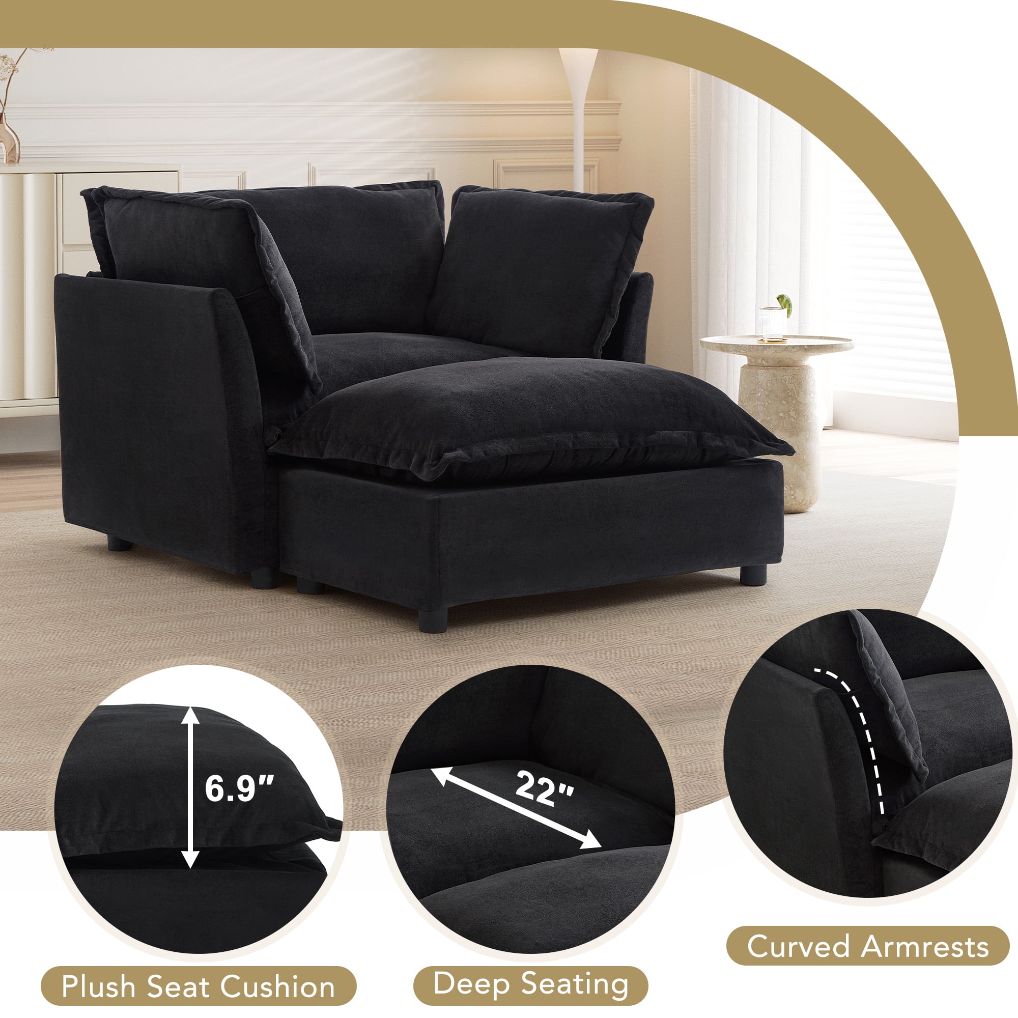 Euroco Modern Chenille Lounge Chair with Movable Ottoman, Curved Armrests & Wide Seat – Upholstered Single Sofa Set for Living Room, Bedroom, or Reading Nook