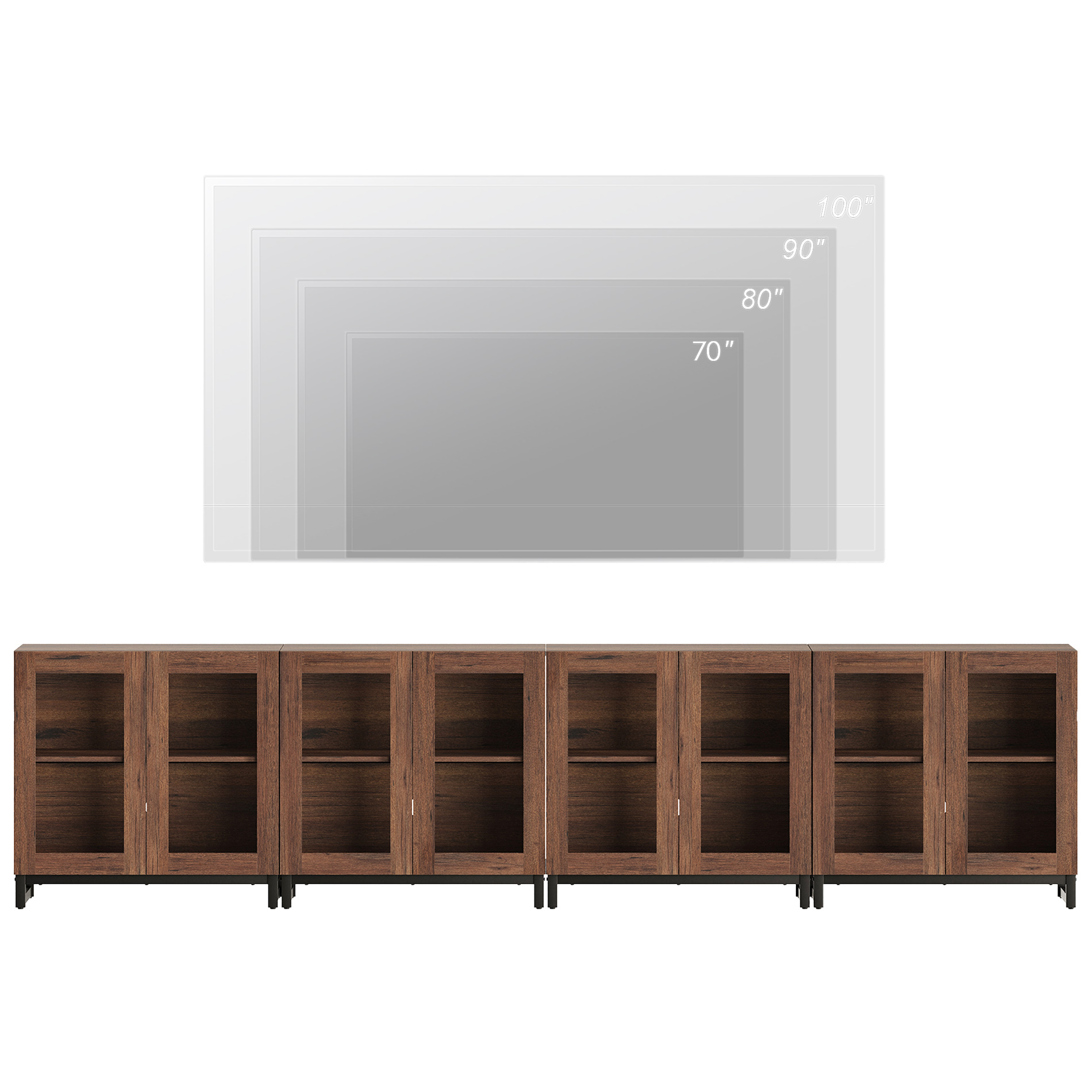 WAMPAT Modern TV Stand with Glass Doors for 120 inch TVs, 4 in 1 Entertainment Center Console with Adjustable Shelves and Metal Base for Living Room, Bedroom, Brown