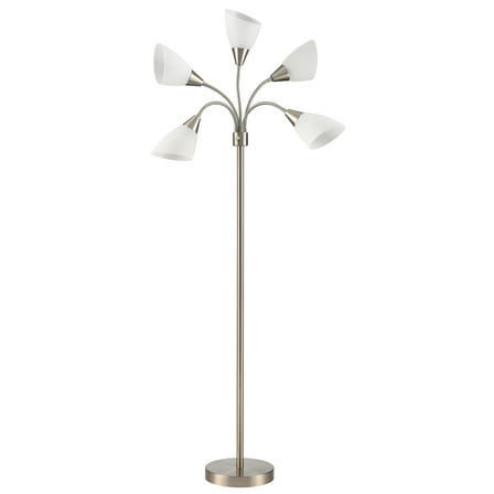 Simplee Adesso 67" 5-Light Modern Adjustable Arm Brushed Steel Floor Lamp with White Plastic Shades