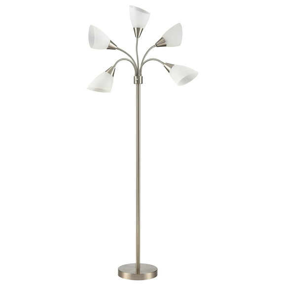 Simplee Adesso 67" 5-Light Modern Adjustable Arm Brushed Steel Floor Lamp with White Plastic Shades