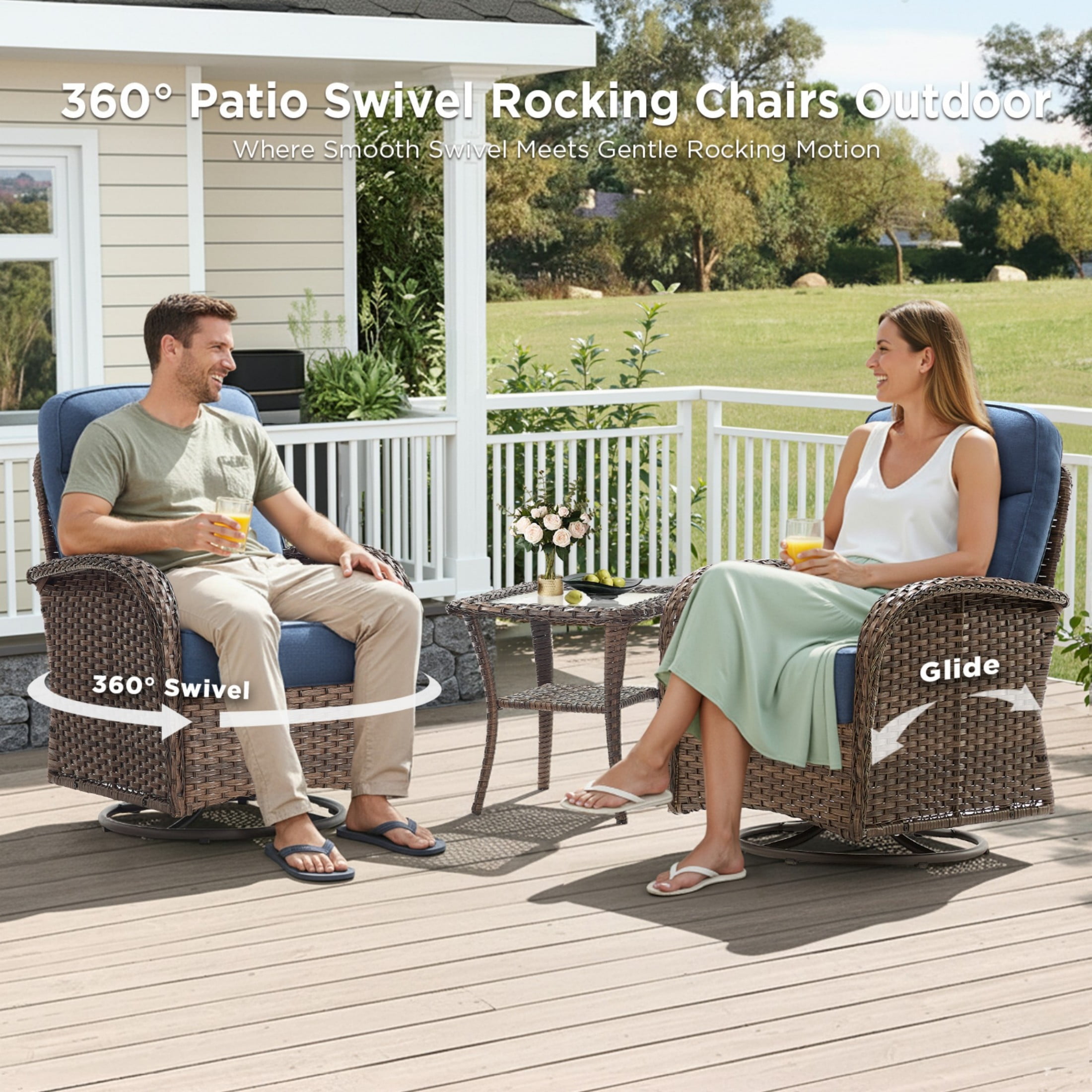 Unnifurnzi Outdoor Swivel Rocker Patio Chairs-6'' Thick Cushions Outdoor Rocking Chairs Set of 4 with Patio Side Table Patio Table and Chairs for Deck Porch Garden Balcony Poolside-Brown/Blue