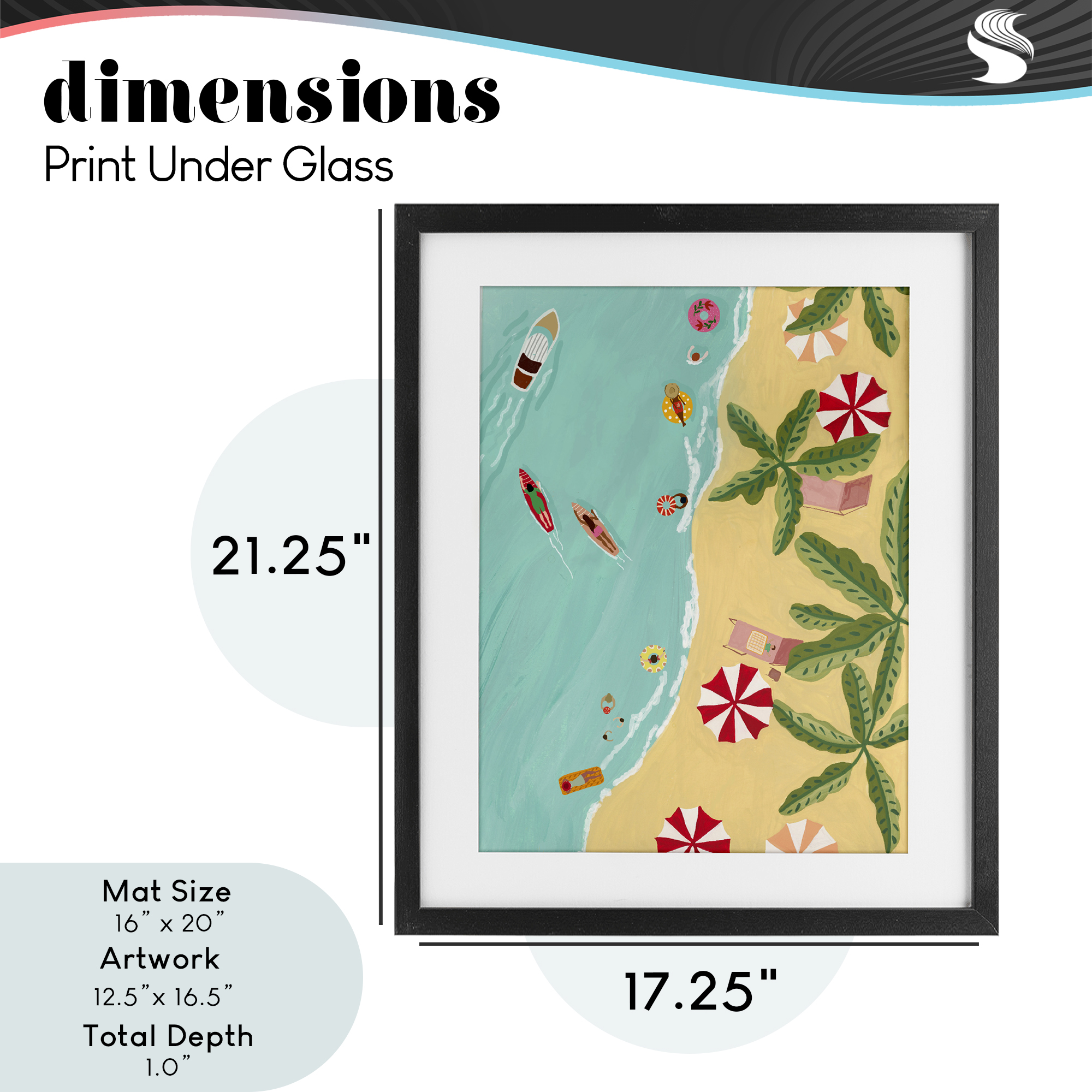 Busy Beach Day Hangout Black Framed Print Under Glass, design by Nabeela Rumi