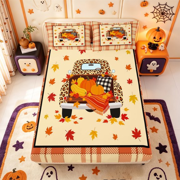 Manfei Leopard Print Farm Car Fitted Sheet Full,Autumn Maples Leaf Bed Set,3pcs,1 Fitted Sheet and 2 Pillowcases