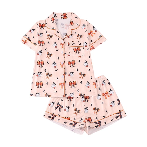 Women Halloween Pajama Set Short Sleeve Button Down Sleepwear Matching Shorts Set Cute Plus Size Pjs