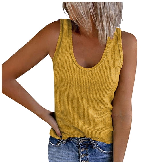 USSUMA Womens Blouses Tops Dressy Solid Sport Tops for Women Casual Summer Round Neck Plus Size Tunic Women's Sleeveless Workout Ribbed Tanks T-Shirts Trendy