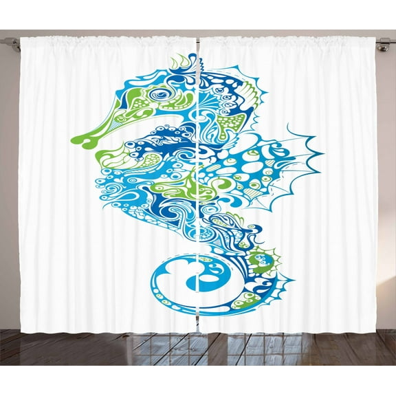 Ambesonne Seahorse Curtains 2 Panel Set, Curvy and Wavy Forms, 108" x 63", Lime Green Night Blue