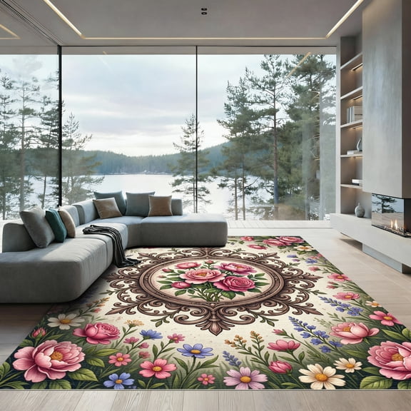 ODIKA 4'x6' Machine Washable Non-Slip Area Rug, Vintage Pink High Traffic Rug, Pink, 1166812